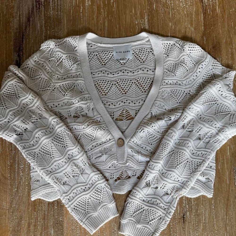 Pink Rose Women's White Open Knit Crochet Button Cardigan Sweater Size M
